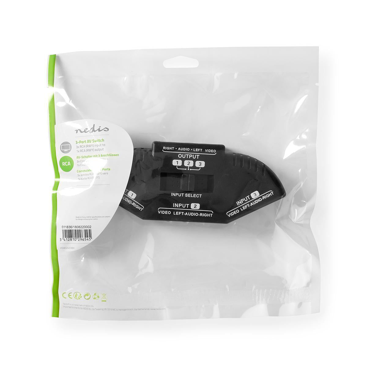 Switch AV a 3 Porte 3x Ingresso RCA (RWY) - 1x Uscita RCA (RWY) Nero 5412810296545 541281029654 VSWI2403BK ND2525