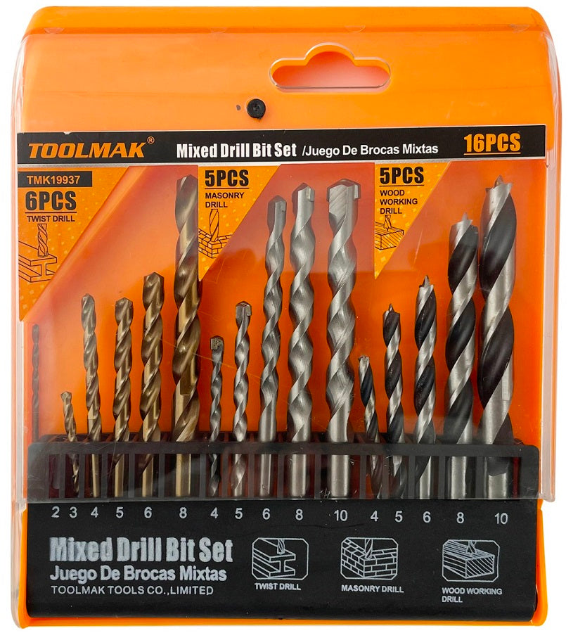 Set punte per trapano 16 pezzi - legno/metallo/muratura TMK19937 6901080199377 W2020