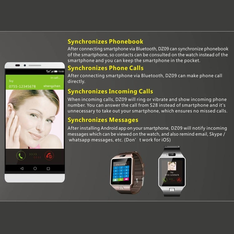 DZ09 Schermo da 1,56 pollici Bluetooth 3.0 Sistema operativo Android 4.1 sopra Smart Watch Phone con Bluetooth Call & Call Reminder & Sleep Monitor & Pedometro & Sedentary Reminder & Calendar & SMS & Audio e Video Player & Anti-loss Function
