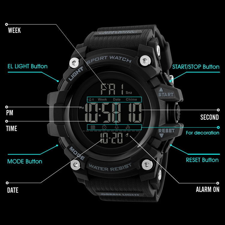 SKMEI 1384 Orologio digitale LED impermeabile nottilucente da uomo multifunzionale per esterni