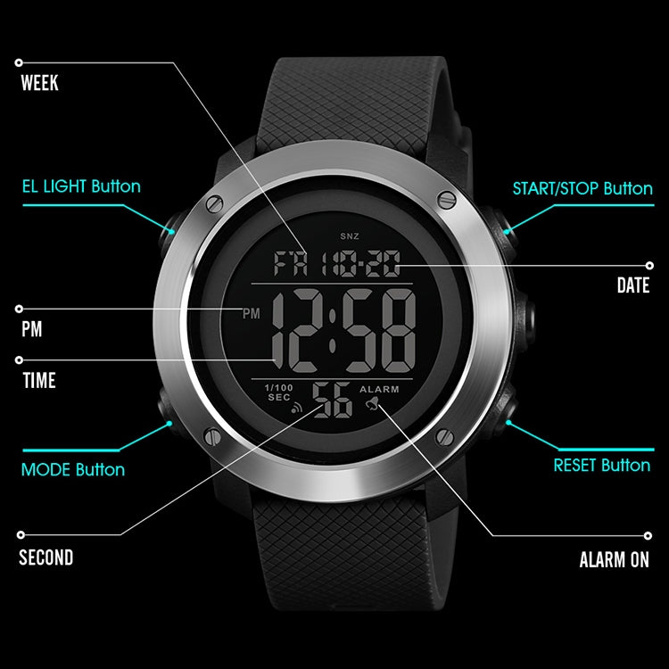 SKMEI 1426 Orologio digitale multifunzionale con anello in gomma per macchina bianca impermeabile e nottilucente, White Machine Rubber Ring, 1426 White Machine Rubber Ring