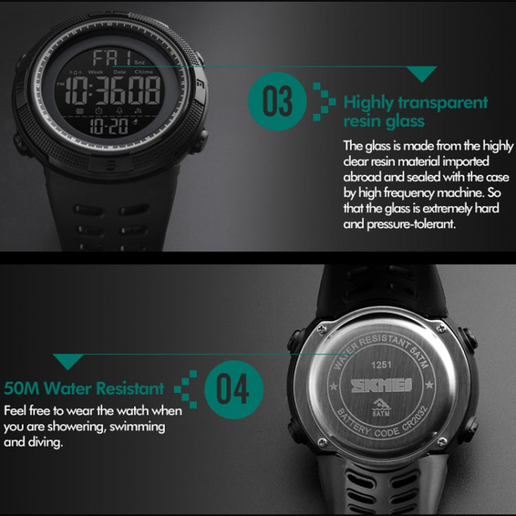 SKMEI 1251 Orologio digitale da uomo alla moda da esterno impermeabile da 50 m con cinturino in PU
