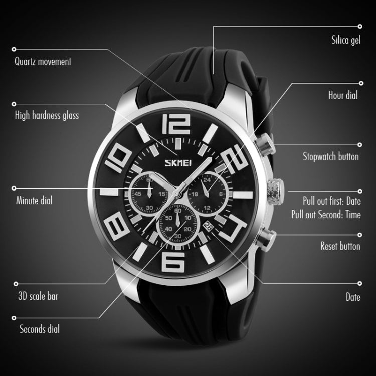 SKMEI 9128 Orologio da polso sportivo multifunzionale 3D con quadrante grande e orologio al quarzo impermeabile da 30 m