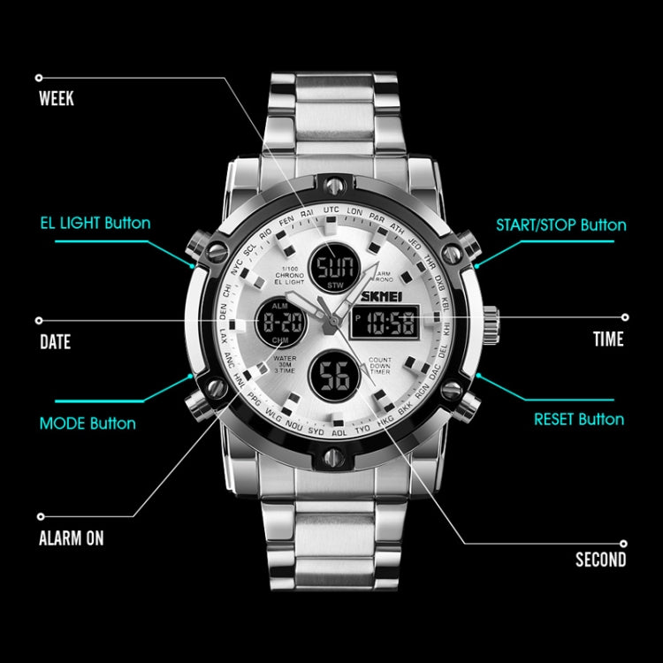 SKMEI 1389 Orologio digitale da uomo multifunzionale da uomo 30m Orologio da polso con quadrante grande impermeabile con cinturino in acciaio inossidabile, 1389 Black, 1389 Blue, 1389 Silver, 1389 Silver+Black