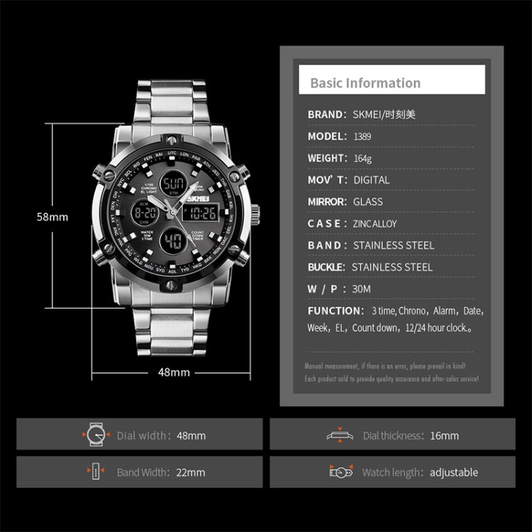 SKMEI 1389 Orologio digitale da uomo multifunzionale da uomo 30m Orologio da polso con quadrante grande impermeabile con cinturino in acciaio inossidabile, 1389 Black, 1389 Blue, 1389 Silver, 1389 Silver+Black