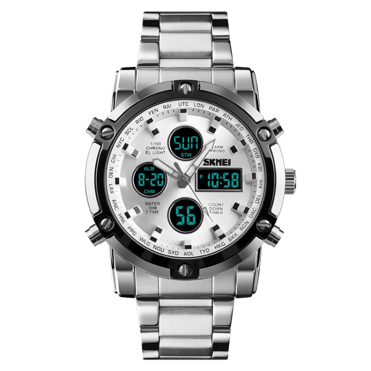 SKMEI 1389 Orologio digitale da uomo multifunzionale da uomo 30m Orologio da polso con quadrante grande impermeabile con cinturino in acciaio inossidabile, 1389 Black, 1389 Blue, 1389 Silver, 1389 Silver+Black