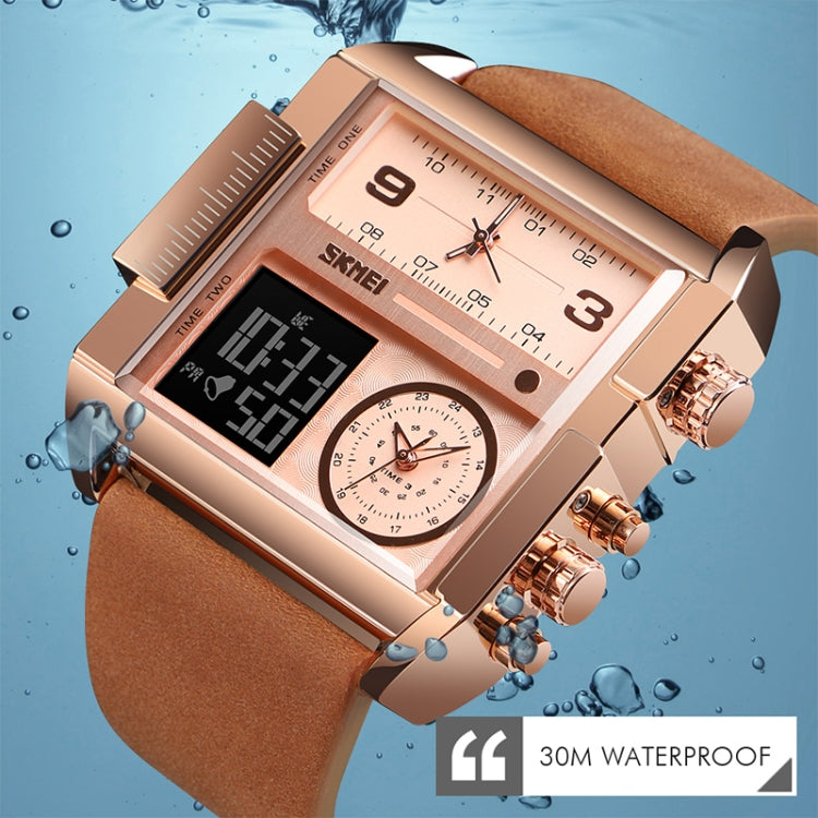 SKMEI 1391 Orologio digitale da uomo multifunzionale da uomo Orologio da polso con quadrante quadrato impermeabile da 30 m con cinturino in pelle