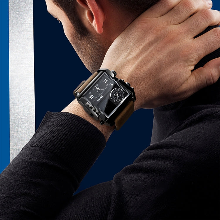 SKMEI 1391 Orologio digitale da uomo multifunzionale da uomo Orologio da polso con quadrante quadrato impermeabile da 30 m con cinturino in pelle