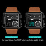 SKMEI 1391 Orologio digitale da uomo multifunzionale da uomo Orologio da polso con quadrante quadrato impermeabile da 30 m con cinturino in pelle