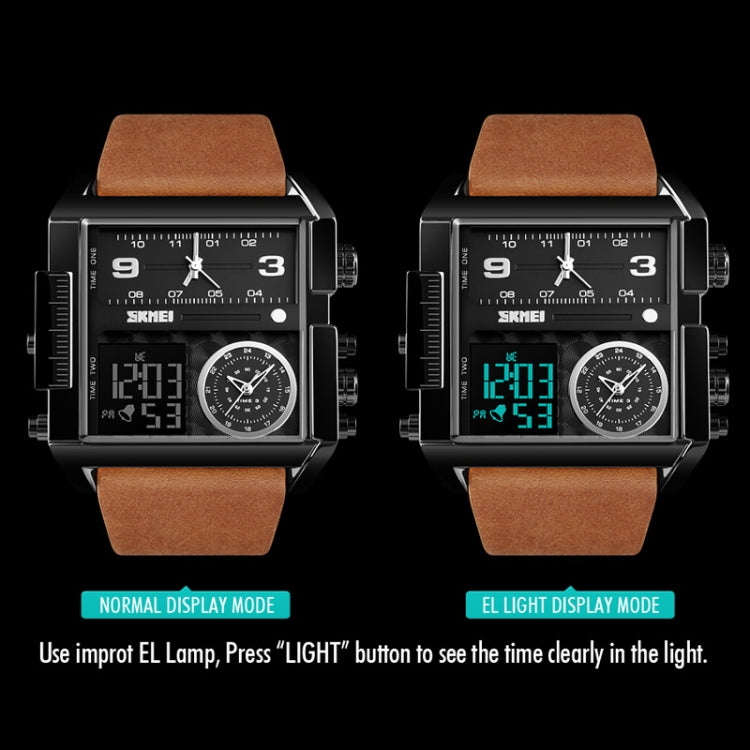 SKMEI 1391 Orologio digitale da uomo multifunzionale da uomo Orologio da polso con quadrante quadrato impermeabile da 30 m con cinturino in pelle