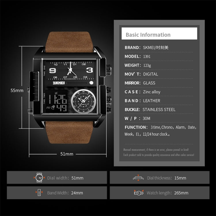 SKMEI 1391 Orologio digitale da uomo multifunzionale da uomo Orologio da polso con quadrante quadrato impermeabile da 30 m con cinturino in pelle