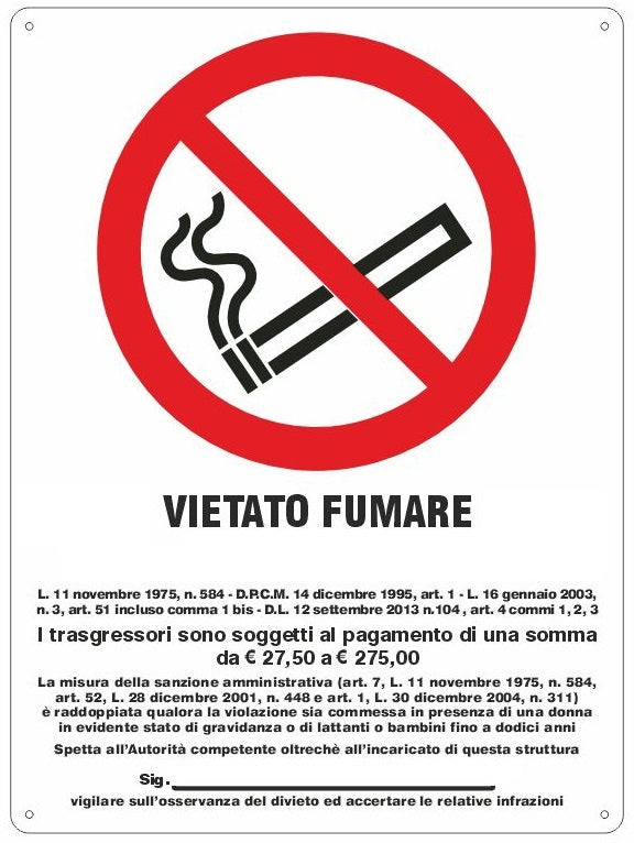 Cartello segnaletico vietato fumare con legge 20x30cm