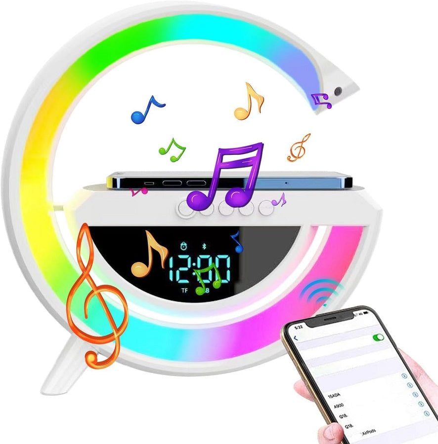 Lampada LED RGB Orologio/Radio FM/Bluetooth/AUX/scheda SD e ricarica wireless BT 3401 WB266