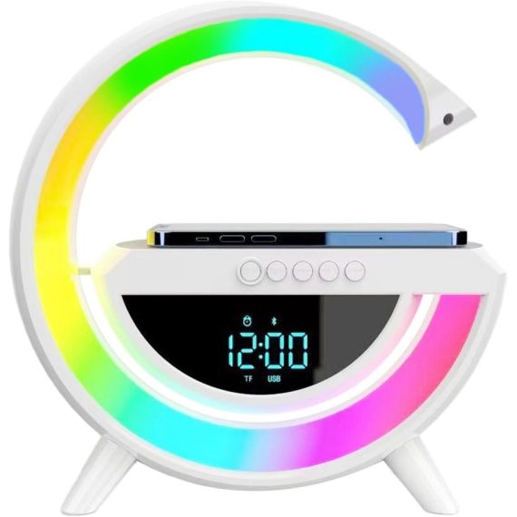 Lampada LED RGB Orologio/Radio FM/Bluetooth/AUX/scheda SD e ricarica wireless