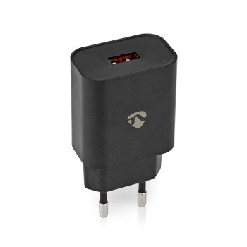 Wall Charger | 18W | Quick charge feature | 1.5 / 2.0 / 3.0 A | Number of outputs: 1 | USB-A | No Cable Included | Automatic Voltage Selection | Black