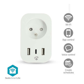 SmartLife Smart Plug | Wi-Fi | IP21 | Power meter | 3680W | Type E (CEE 7/6) / 1x USB-C™ / 2x USB | 0 - 55 °C | Android™ / IOS | White | 1pcs