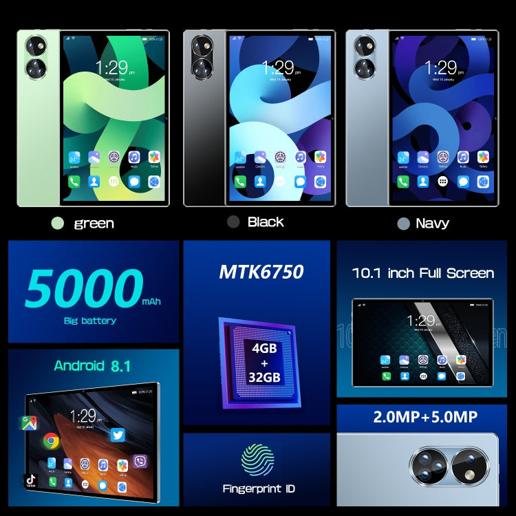 Android 8.1 MTK6750 Octa Core, supporto Dual SIM, Wi-Fi, Bluetooth, GPS