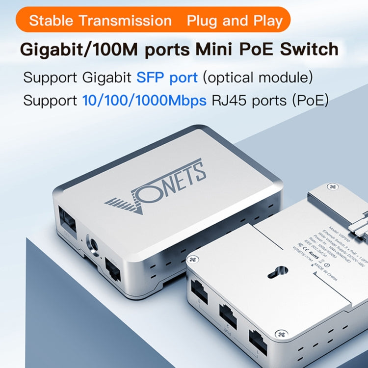 VONETS VSP510 Switch Gigabit Ethernet a 5 porte con adattatore CC + fibbia di fissaggio su guida + set di moduli ottici SFP, VSP510 with DC Adapter + Rail Fixing Buckle + SFP Optical Module Set