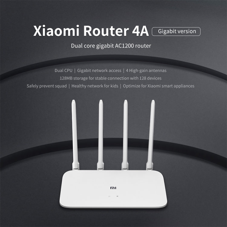 Router WiFi originale Xiaomi 4A Smart APP Control AC1200 1167 Mbps 128 MB 2,4 GHz e 5 GHz Dual-core CPU Porta Gigabit Ethernet Ripetitore router wireless con 4 antenne, supporto Web e Android e iOS, spina americana, 4A (Dual-core CPU)