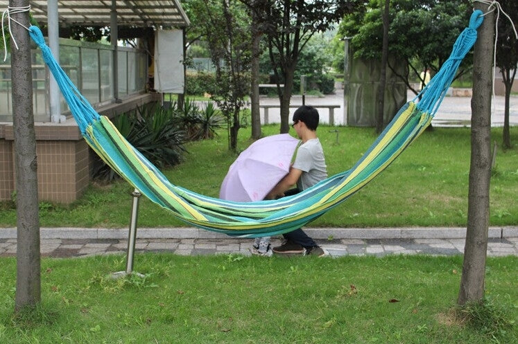 Amaca in tela per esterni a righe, letto a dondolo allargabile per due persone, dimensioni: 190 cm x 150 cm, 190cm x 150cm (Blue), 190cm x 150cm (Red+Yellow), 200 x 150cm (Blue+Yellow)