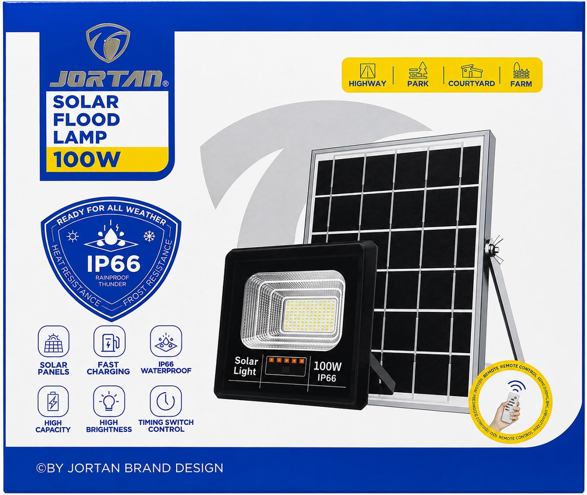 Faretto LED solare 100W IP66 6500k luce fredda con telecomando 6971943203213 JT-91001-YY100W Z210