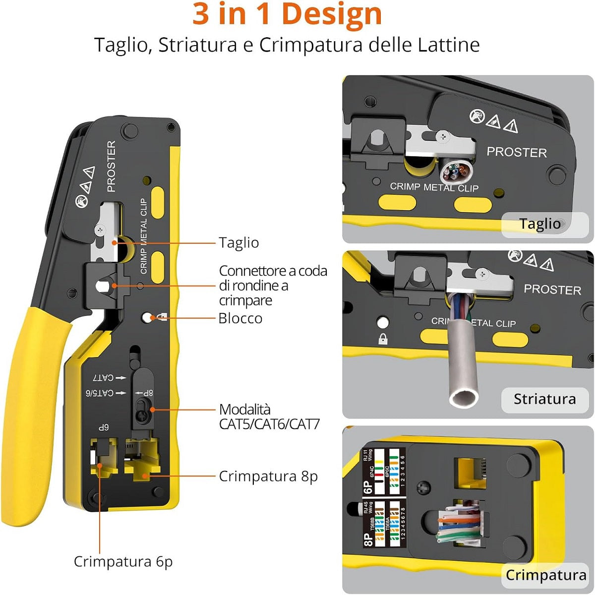 Pinza crimpatrice RJ45 pass through CAT5 CAT6 CAT6A CAT7 gialla Z959