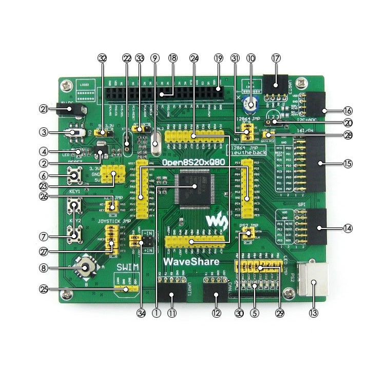 Scheda sviluppo STM8S208MB con MCU STM8 e interfacce UART CAN