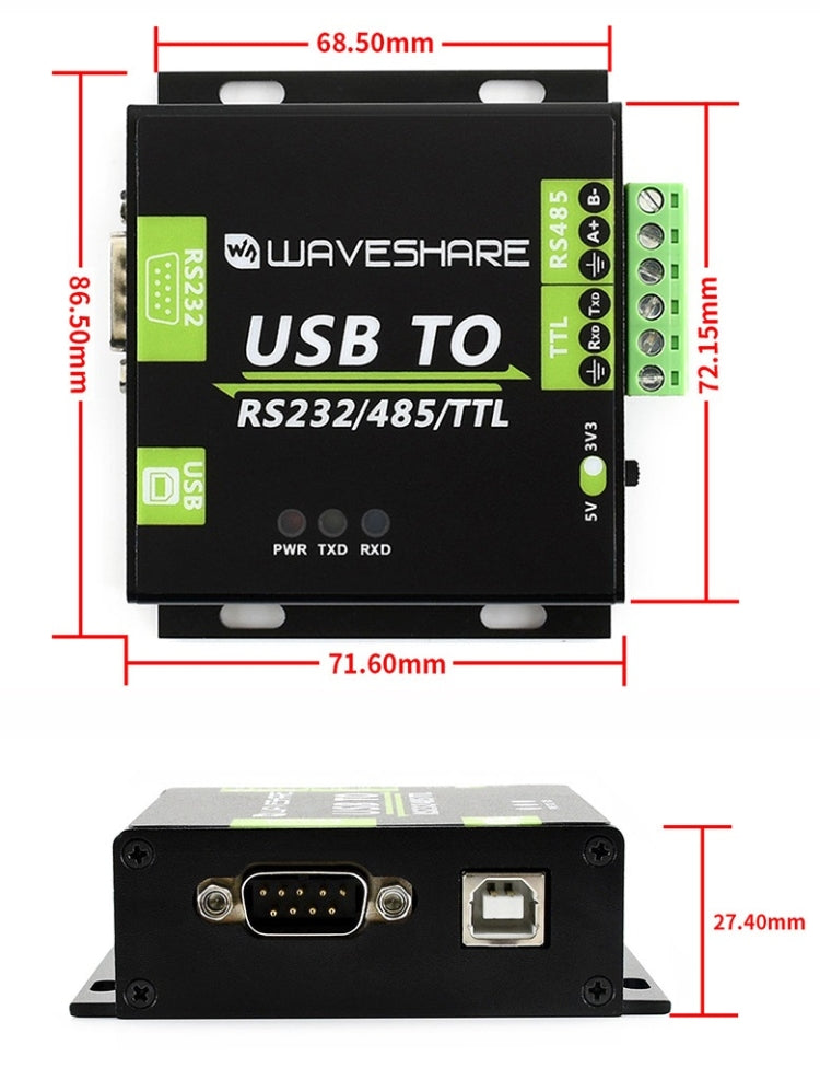 Convertitore isolato industriale da USB a RS232 / RS485 / TTL Waveshare, 15817