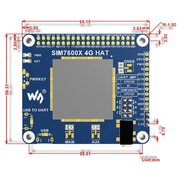 CAPPELLO Waveshare 4G / 3G / GNSS per Raspberry Pi, LTE CAT4, per il Nord America, 4G / 3G / GNSS HAT