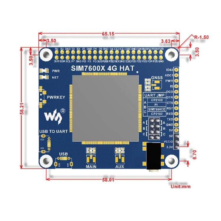 Waveshare 4G / 3G / 2G / GSM / GPRS / GNSS HAT per Raspberry Pi, LTE CAT4, per Sud-est asiatico, Asia occidentale, Europa, Africa, 4G / 3G / 2G / GSM / GPRS / GNSS HAT