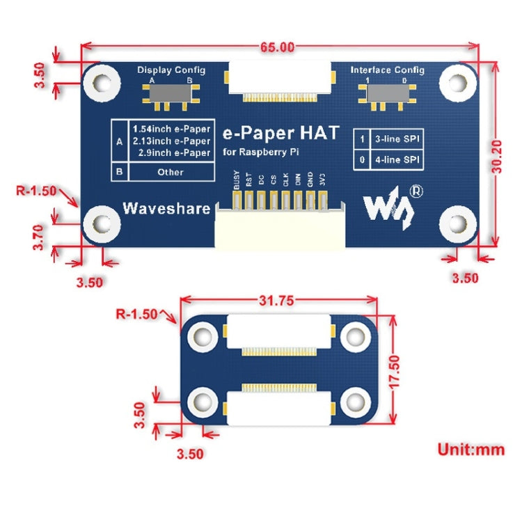 Waveshare 7,5 pollici 640x384 E-Ink Display HAT per Raspberry Pi, tre colori, interfaccia SPI