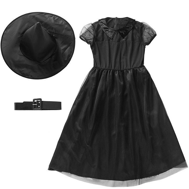 Costume da piccola strega di garza nera, costume da strega cosplay di Halloween, S, M, L