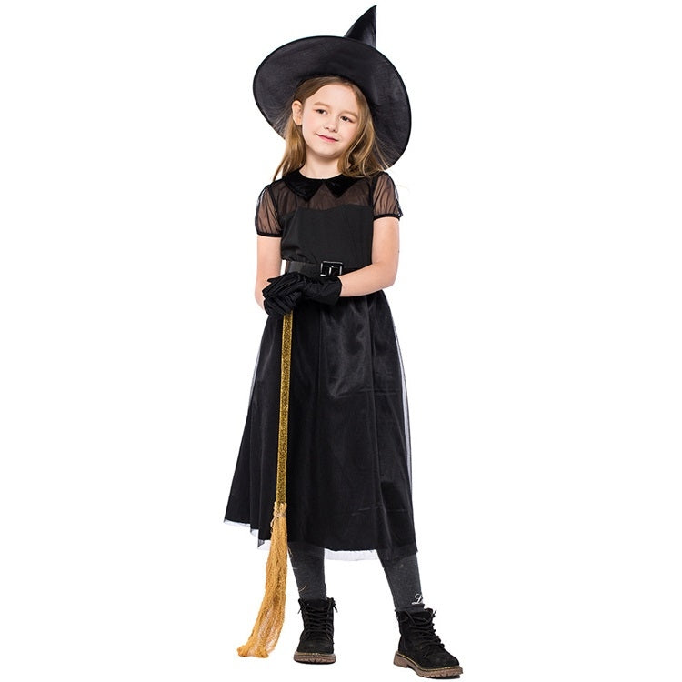 Costume da piccola strega di garza nera, costume da strega cosplay di Halloween, S, M, L