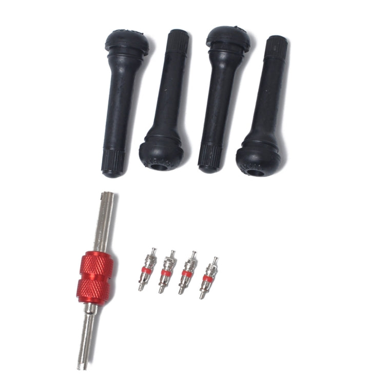 Stelo valvola corto in gomma nera a scatto (TR418) Confezione da 4 con chiave per nucleo valvola per fori per cerchioni Tubeless da 0,453 pollici 11,5 mm su pneumatici per veicoli standard, TR418