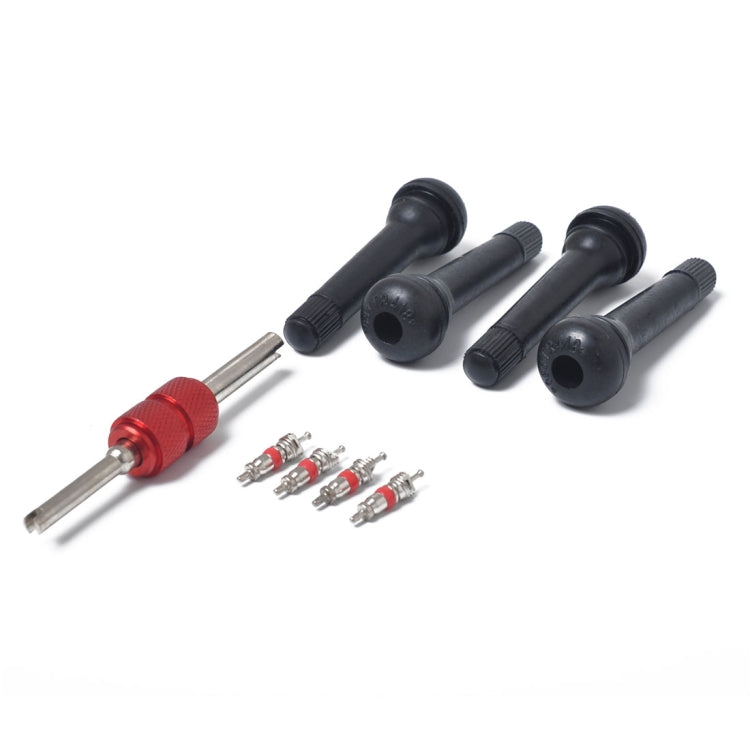 Stelo valvola corto in gomma nera a scatto (TR418) Confezione da 4 con chiave per nucleo valvola per fori per cerchioni Tubeless da 0,453 pollici 11,5 mm su pneumatici per veicoli standard, TR418