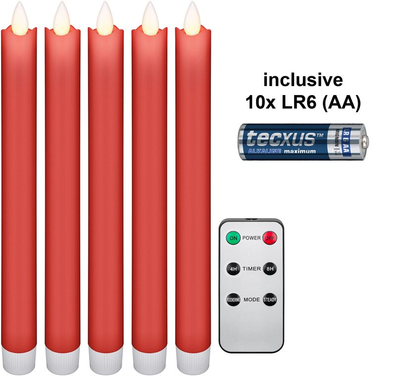 Set di 5 candele a LED in vera cera rosso incl. telecomando e 10x AA LR6