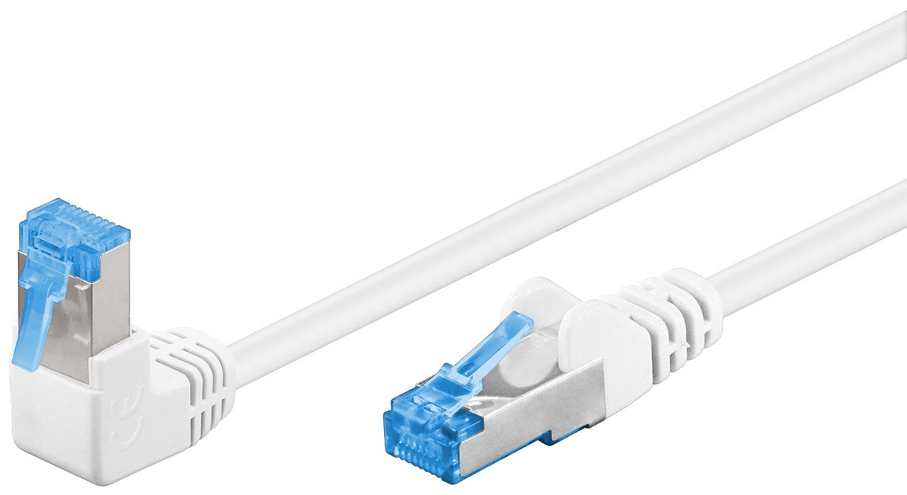 CAT 6A cavo patch 1x 90° angolato S/FTP PiMF bianco conduttore di rame CU guaina del cavo senza alogeni LSZH protezione fermo sopra 1 m