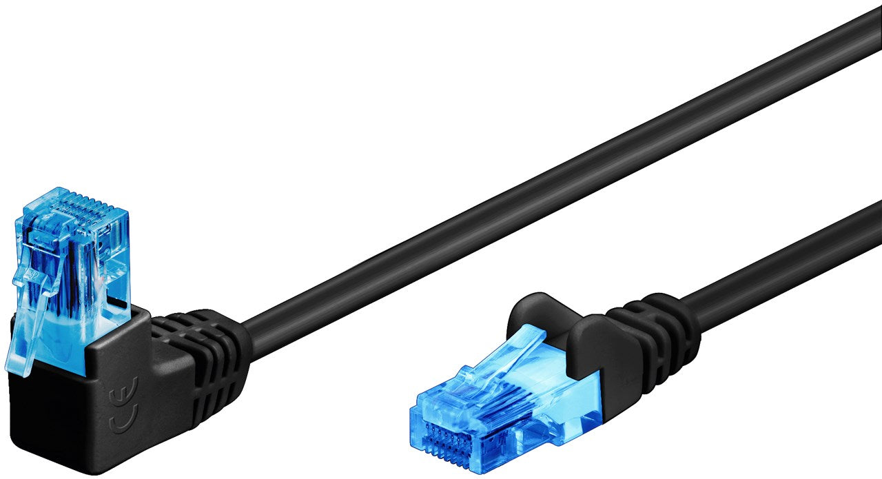 CAT 6A cavo patch 1x 90° angolato U/UTP nero conduttore di alluminio placcato di rame CCA protezione fermo sopra 10 m