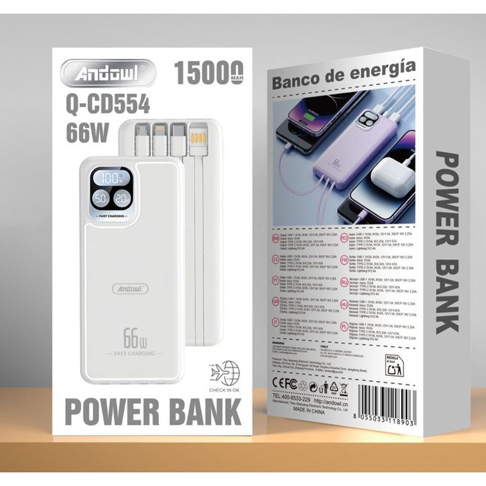 Power Bank 15000mAh 66W con display LED e 4 cavi integrati bianco 8055033118903 MOB700